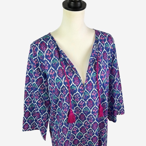 J Crew Swim Cover Up Tunic Size S Cotton Lightweight 3/4 Sleeve Blue Floral - Picture 2 of 12